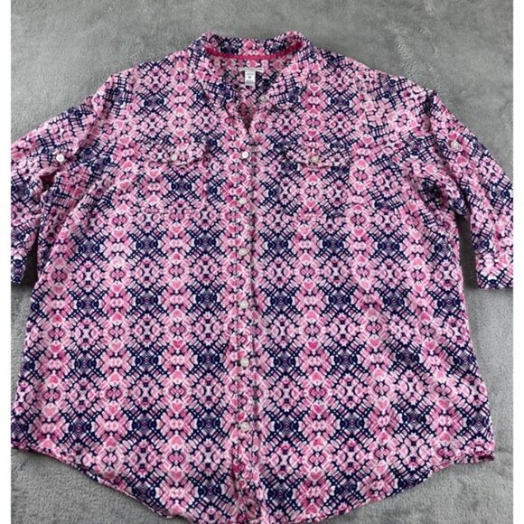 Croft & Barrow Woman 1X Pink Blue Print 3/4 Sleeve Button Front Shirt Top - Picture 2 of 12